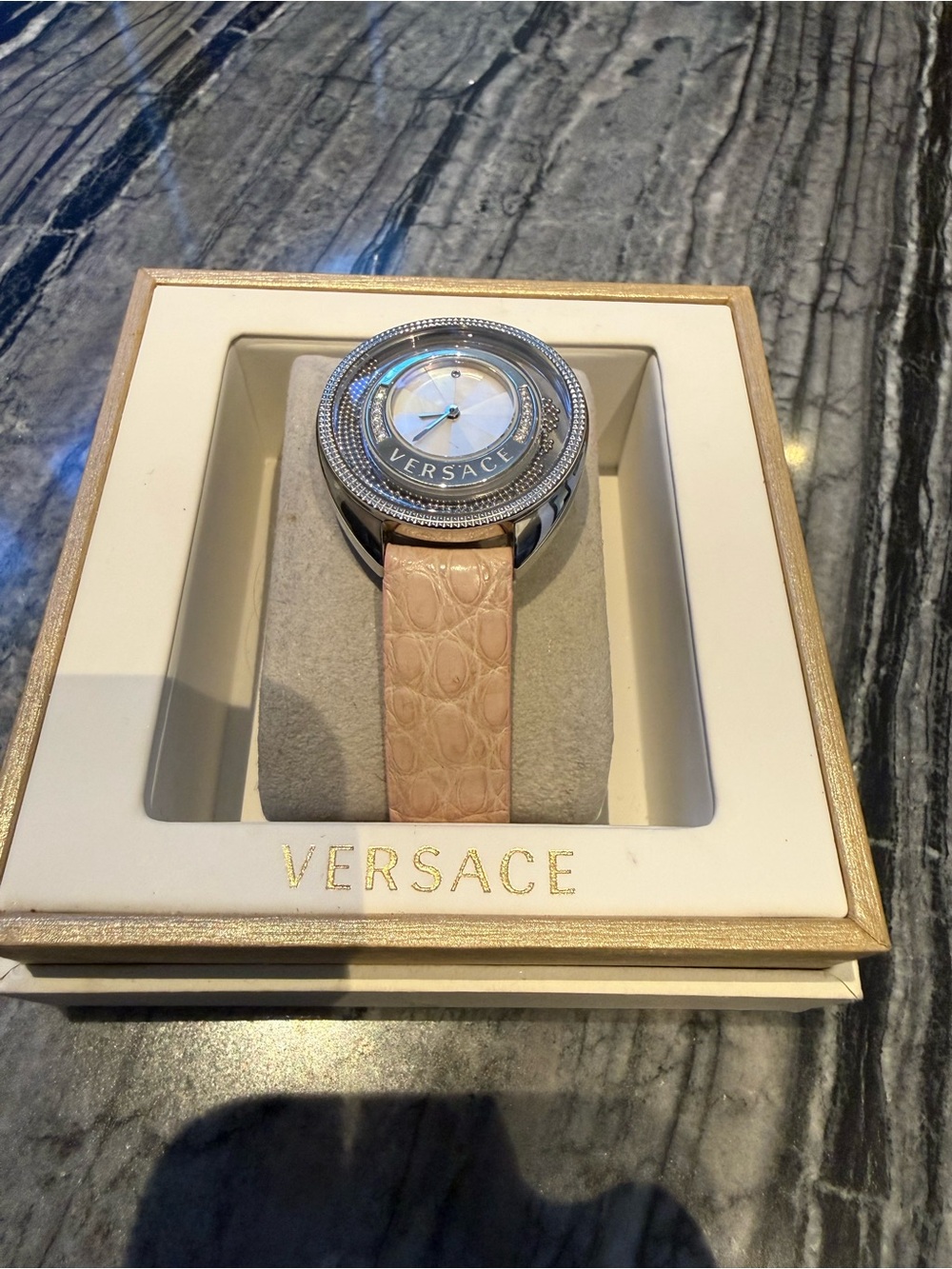 Versace Ladies Light Pink Leather Strap Crystal Accent Watch